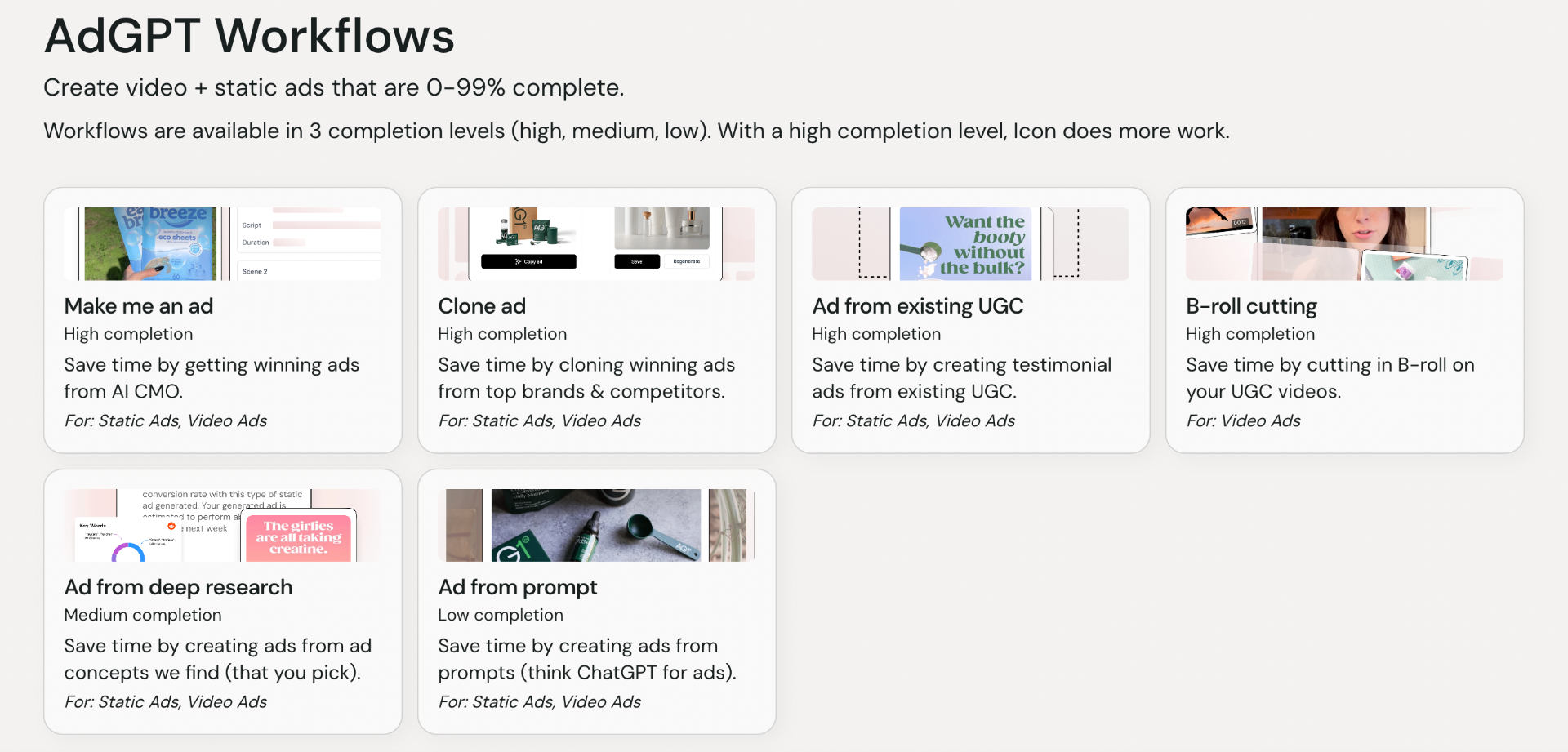 Icon AdGPT Workflows interface showing different ad creation options