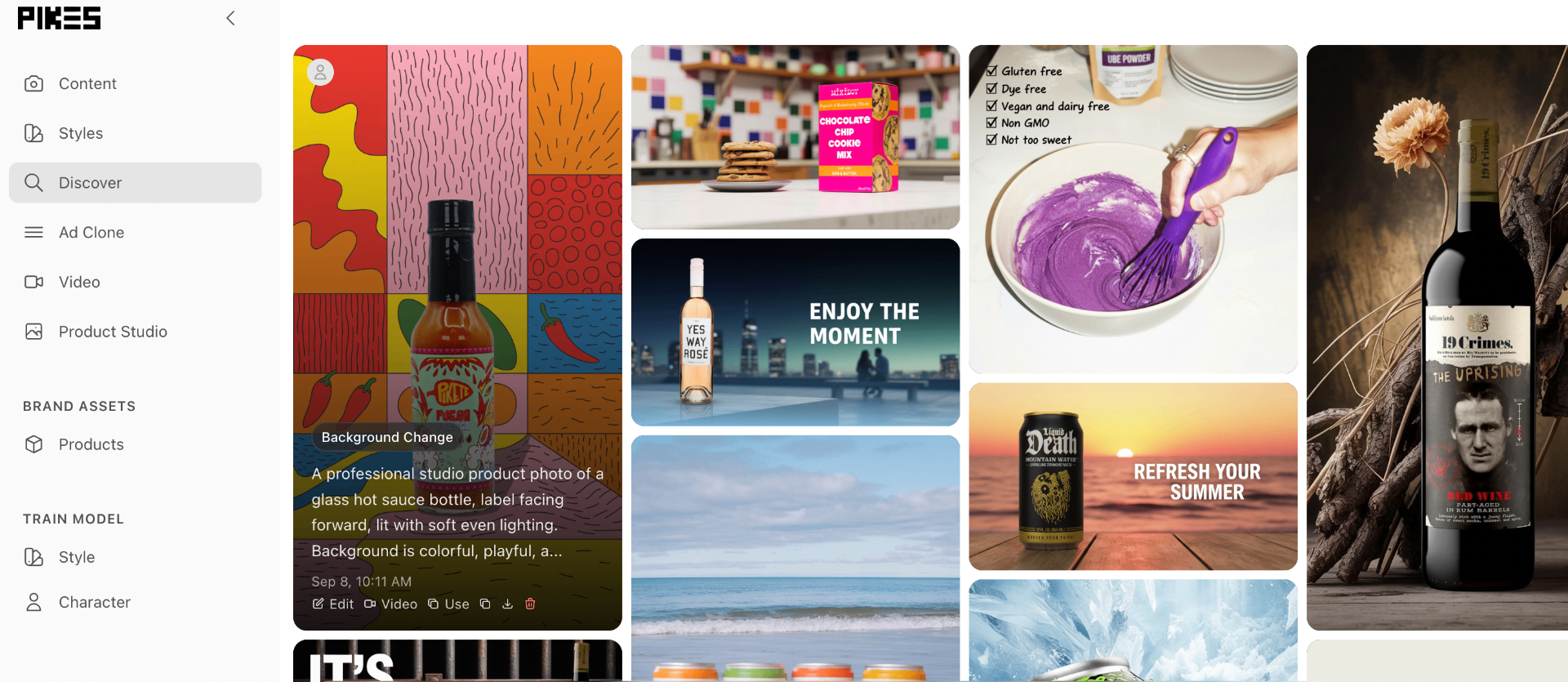 Pikes AI interface showing various product images and ad creation tools