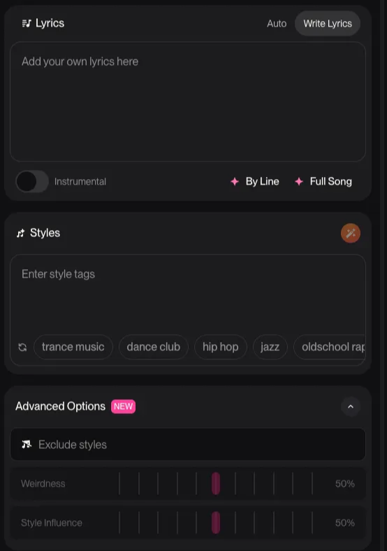 Suno music generation interface showing lyrics input and style options